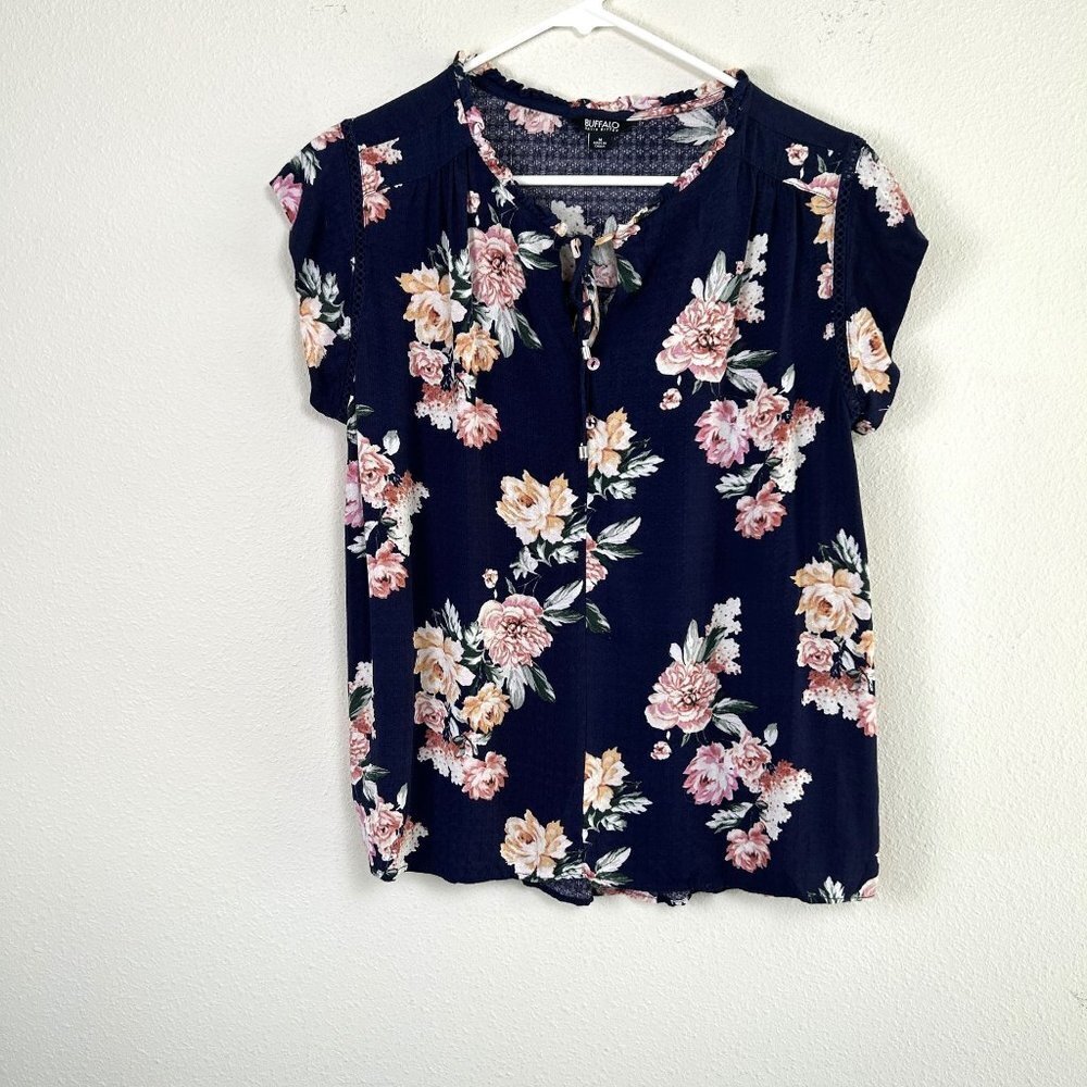 Buffalo David Bitton Blouse Womens Size M Blue Multicolor Floral Popover Top